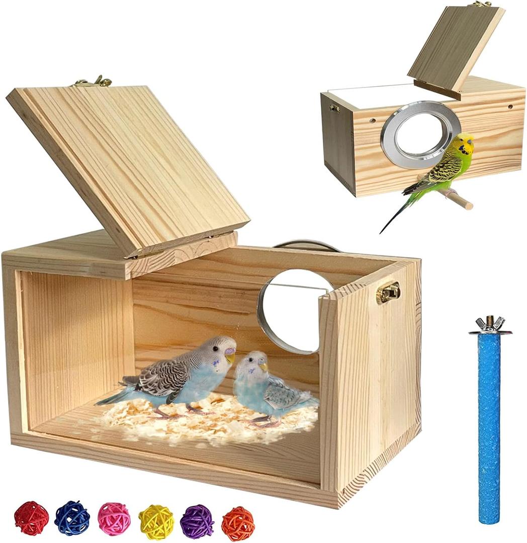 Transparent Parakeet Nesting Box,Wooden Parrot Nest Breeding Box with Perch Natural Bird House for Cage Suitable for Lovebirds Cockatiels Canaries (Small)