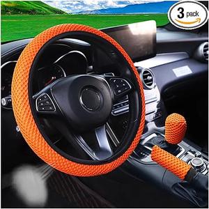 Bittwee 3PCS 15Inch Car Steering Wheel Cover Armrest Cover Gear Shift Cover Set, Microfiber Breathable Anti-Slip Automotive Steering Wheel Protector, Vehicle Interior Decor, Universal Fit（Orange）