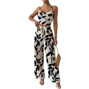 WDIRARA Women's 2 Piece Sets V Neck Crop Cami Belted Wide Leg Pants Outfits (Large, Apricot)