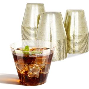 Plastic Cups for Party 100PCS, 9 OZ Disposable Wine Glasses, Gold Disposable Cups for Wedding, Plastic Cocktail Glasses for Dinners, Everyday Breakfast, Lunch & Dinner