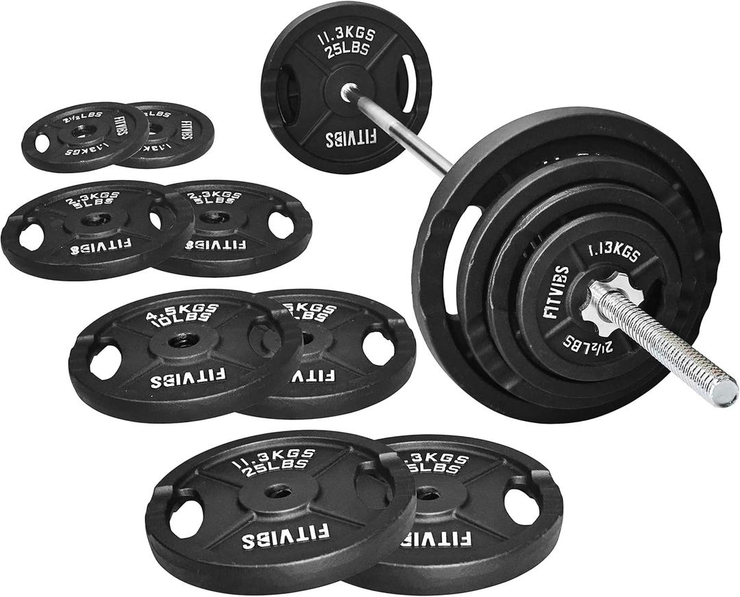 Fitvids Barbell Weight Set, Cast Iron 1" Standard Weight Plates Including 5FT Standard Barbell Bar & Star Locks, 95 Pounds Set (85 Lbs Plates + 10 Lbs Barbell Bar), Multiple Packages