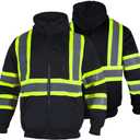 FONIRRA Hi Vis Safety Fleece Zip Hoodie for Men Reflective Sweatshirts ANSI Class 3 Jackets Detachable Hood (Black,L)
