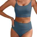 ANRABESS Women High Waisted Bikini Sets Color Block Summer Beach Vacation 2 Piece Bathing Suit Tummy Control Ribbed Swimsuit (Large, Grey Blue)