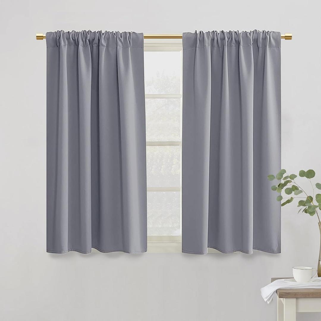 Light Grey Curtains 42 Inch Length for Bedroom/Kitchen/Bathroom Small Window Waterproof Short Blackout Gray Curtains 2 Panels Sets