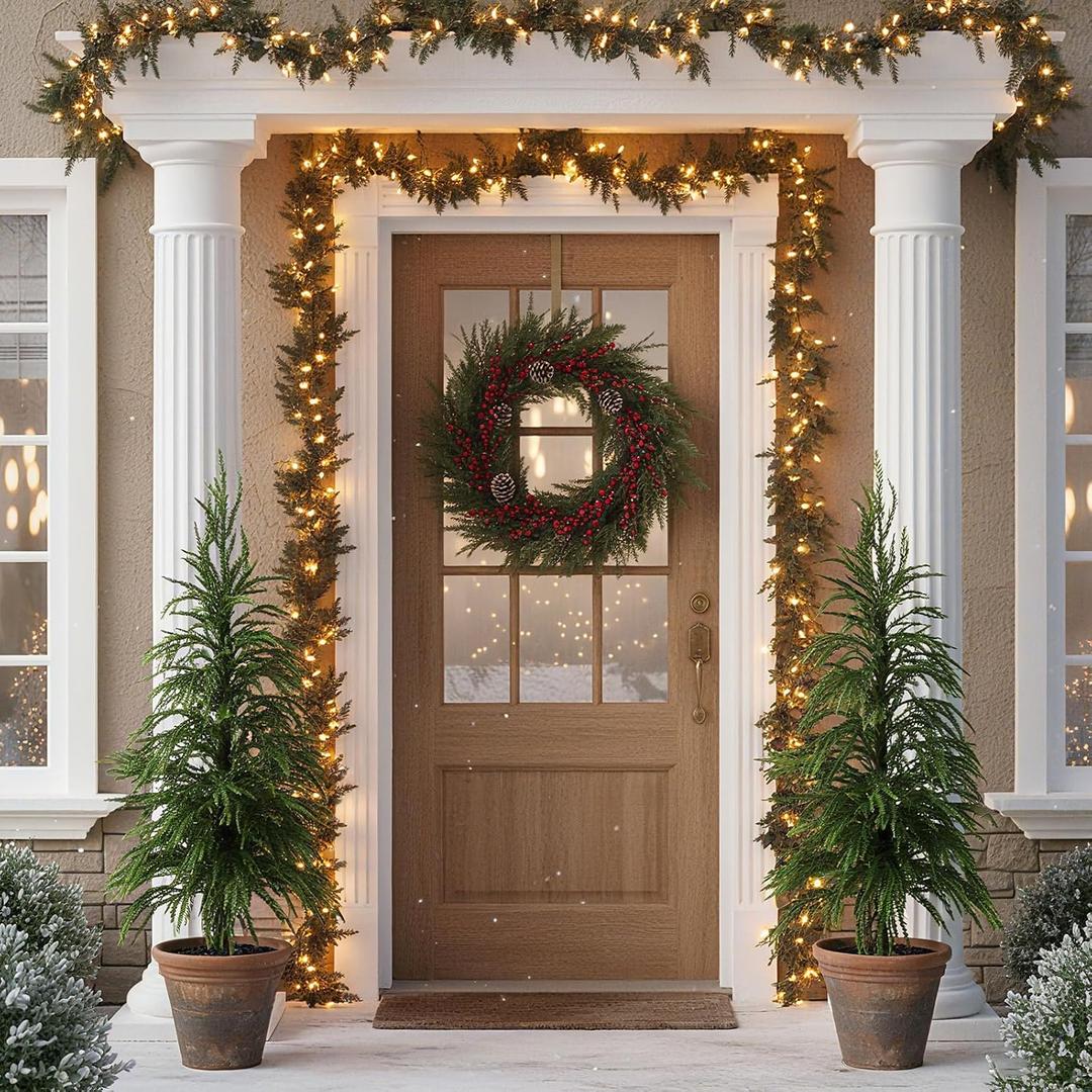Yunlly 2 Pcs 4ft Norfolk Pine Christmas Tree Real to Touch Holiday Faux Tree Artificial Topiary with Ground Stakes, Realistic Outdoor Christmas Decoration for Front Porch Entryway Indoor Garden