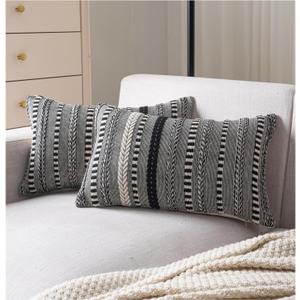 Cethom Boho Throw Pillow Covers 12x20 Inch Set of 2, Farmhouse Decorative Couch Pillow Cases, Black Accent Pillows of Bed, Sofa Bedroom Living Room Home Decor Cushion Cover