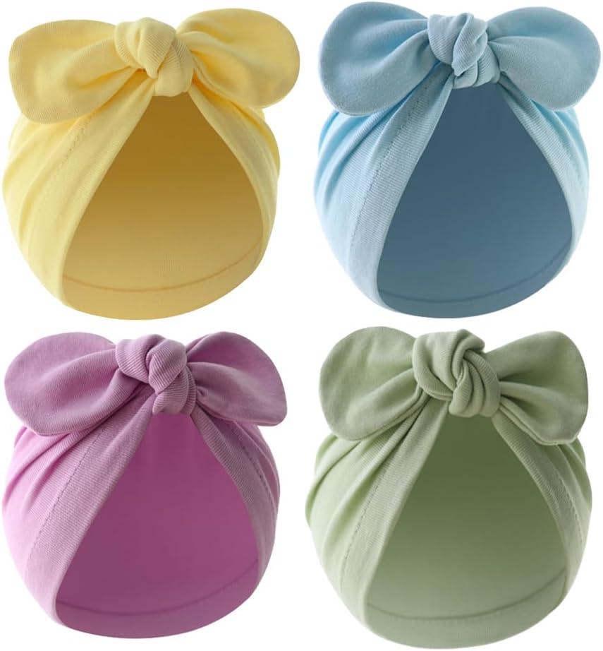 4PCS Newborn Baby Bow Knot Turban Hat Infant Toddler Hospital Hat Cotton Head Wrap Beanie Cap