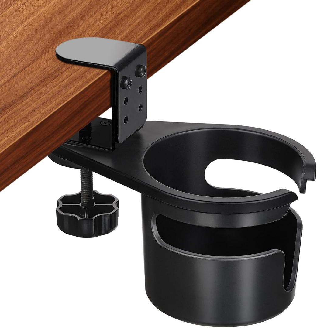 MYITYARD Desk Cup Holder Clamp, Anti-Spill Clip On Table Cup Holder, Rotatable Water Bottle Stand Drink Coffee Mug Storage, Office Accessories for Home and School (Black)