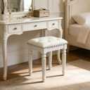 Vanity Stool with White Faux Leather Cushion, Small Vanity Bench-Tufted Leatherette Seat with Nailhead Trim & Button-Tufted Design,Solid Wood Legs with Carved Detail, Backless Makeup Stool for Bedroom, 16.38"L x 13.97"W x 18.30"H