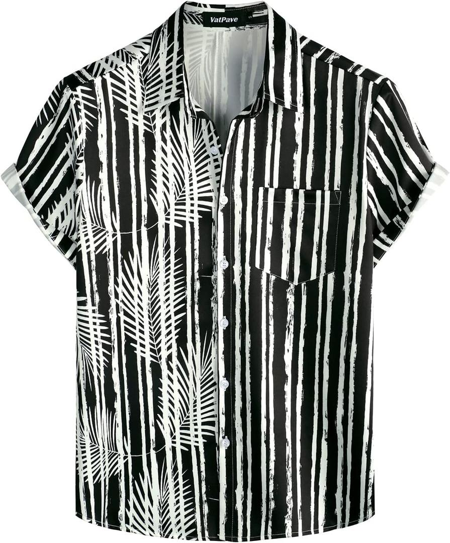 VATPAVE Mens Hawaiian Flamingo Shirts Casual Tropical Short Sleeve Button Down Shirt Summer Beach Shirts (Small, Blackpalmleaf)