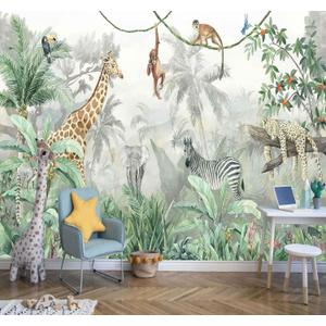 Reyhui Kids Wallpaper Tropical Leves and Safari Animals Wall Mural for Wall Bedroom Living Room TV Background Sofa WallNot Peel and Stick