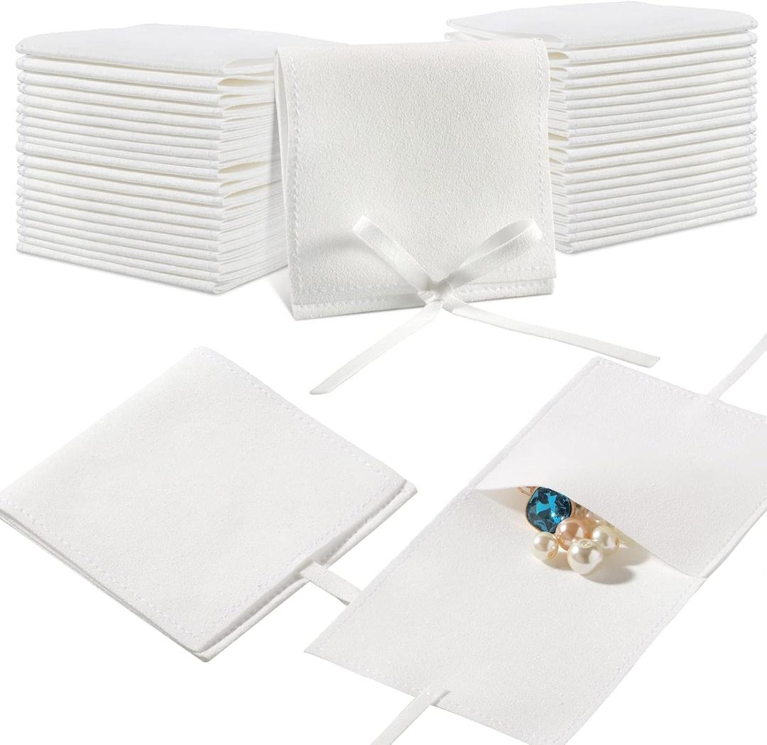 Lothee 40 Pcs Microfiber Jewelry Pouch 8x8 cm Jewelry Packaging Luxury Small Gift Bags Bow Tie Microfiber Bag for Bracelet Necklace Packaging, Envelope Style with String and Divider(White)