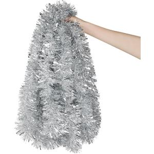 DECORA 33 Feet Silver Tinsel Garland, Christmas Metallic Hanging Tinsel Garland for Xmas Tree Home and Party Decoration