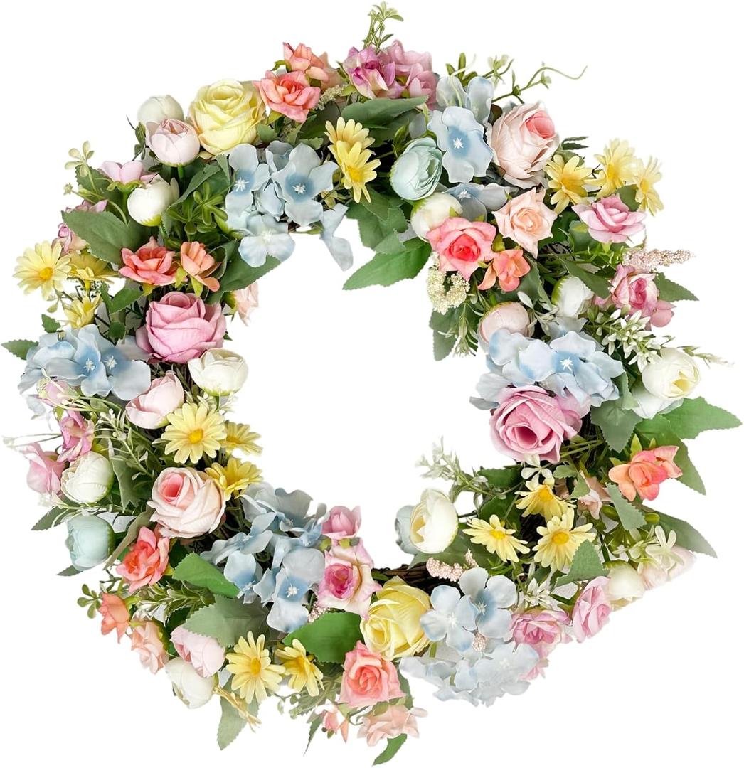 Artificial Wreath for Front Door, 16 Inch Spring Summer Wreath with Roses and Hydrangeas, Outdoor/Indoor All Season Home Decor, Farmhouse Wedding Wall Decor Gift
