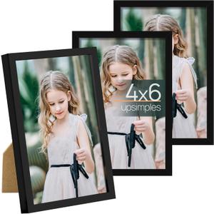 upsimples 4x6 Picture Frame Set of 3, Made of High Definition Glass for 4 x 6, Wall and Tabletop Display Thin Border Photo Frames for Home Dcor, Black