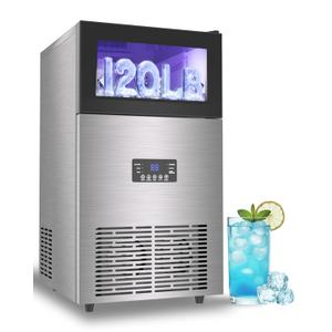 Commercial Ice Maker Machine 120LBS/Day, Undercounter Ice Makers 40Lbs Storage Bin and 45 Ice Trays, Outdoor Ice Maker Brushed Metal with Water Line, Ice Scoop, for Home, Bar, Party