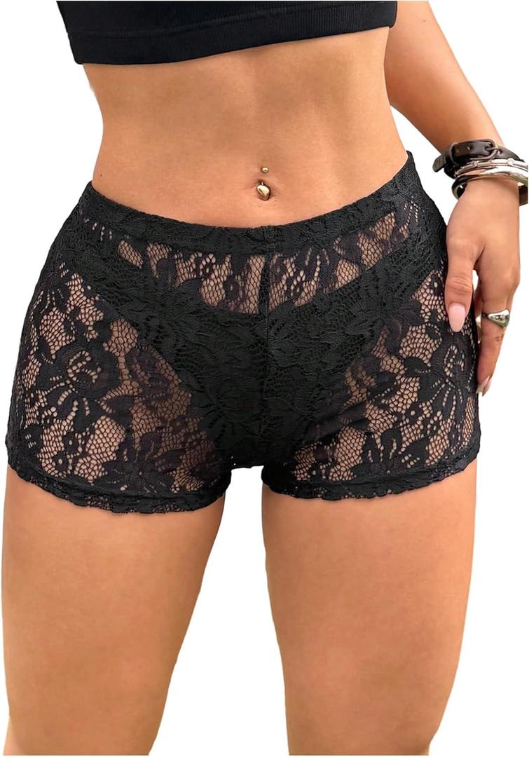 Milumia Women's Sheer Mesh Lace See Through Micro Shorts Y2k Rave Going Out Concert Mini Booty Shorts (Black, L)