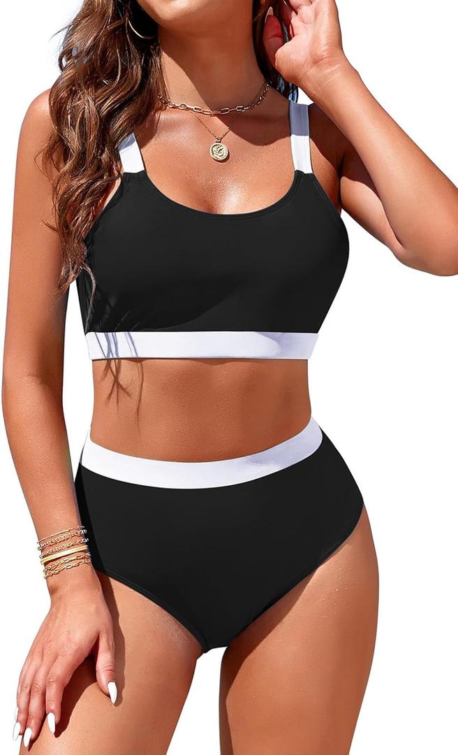 Womens High Waisted Bikini Sets Sporty Crop Top Color Block Swimwear Bandeau Scoop Neck Vintage Two Piece Bathing Suits (Small, Black)