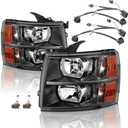 Headlights Assembly with Bulb & Wiring Harness compatible with 2007-2013 Chevy Silverado 1500 2500 3500 Headlamp, Black Housing Amber Side