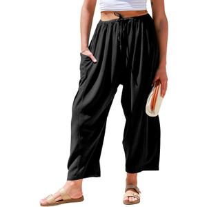 TARSE Womens Linen Wide Leg Pants Casual Loose Drawstring Summer Beach Travel Vacation Palazzo Harem Pants with Pockets (Large, Black)