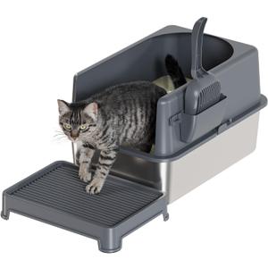 Booche High-Sided Stainless Steel Cat Litter Box,Stainless Steel Litter Box with Lid,Extra Large Cat Toilet,Easy-to-Clean Metal Litter Pan for Cats (20''L X 14''W X 12''H with Scoop&mat)