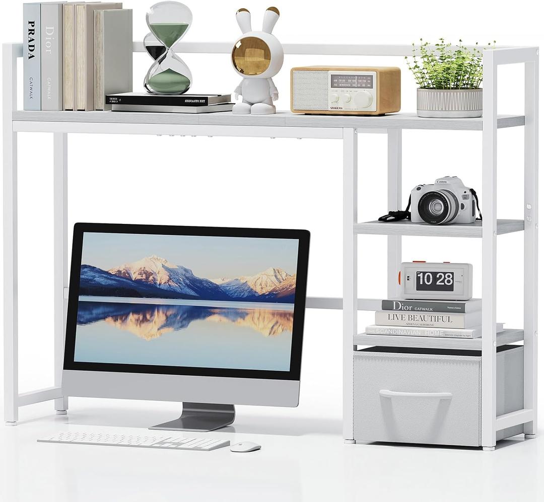 Marbrasse Desk Shelf with Drawer, 40" Desk Hutch for Computer Monitor, Desk Shelf for top of Desk, Wooden Desktop Bookshelf Storage Rack for Home Office Dorm - White