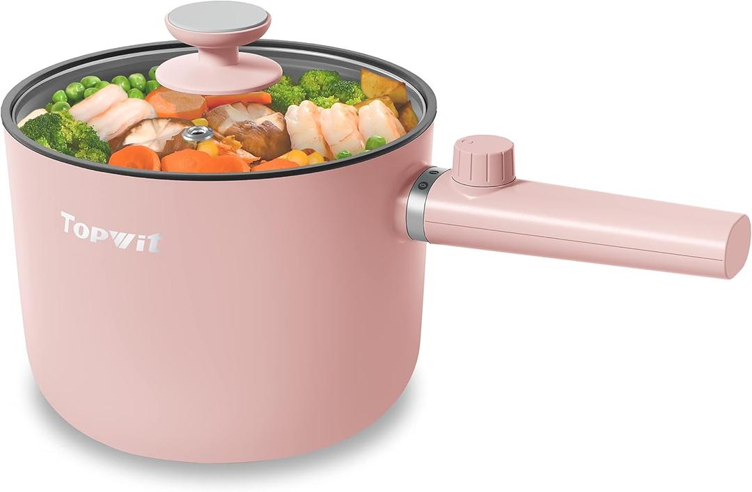 Topwit Hot Pot Electric, 1.5L Ramen Cooker, Portable Non-Stick Frying Pan, Electric Pot for Pasta, Steak, BPA Free, Electric Cooker with Dual Power Control, Over-Heating & Boil Dry Protection, Pink (1.6 Quarts)