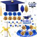 Jingmore Graduation Cake Kit Included Felt Graduation Cap Diploma Classic Black Congrats Grad Cupcake Toppers Beads Leaf Flowers Cake Decorations for Class of 2026 Party(Blue and Gold)