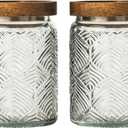 Snminetal Vintage Glass Kitchen Storage Counter Jar, Kitchen and Pantry Glass Storage, with Airtight Wood Lid for Cookies, Candy, Coffee Tea Beans, Grains,Food Storage Containers (leaf-pattern*2)