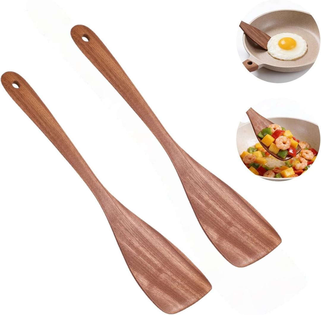 2-Piece Wooden Spatula Set - 13" Long Handle Flat Turners for Cooking, Heat Resistant & Non-Scratch Design for Flipping Eggs, Pancakes & Stir-Fry in Nonstick Pans