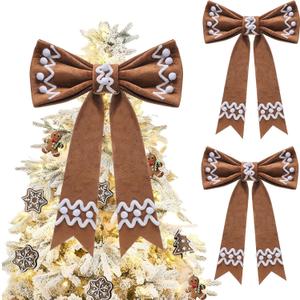 2 Pcs 19' Extra Large Christmas Gingerbread Tree Topper Wreath Bow Tree Topper Ornament Brown Plush Hanging Decor for Xmas Door Window Wall Wedding Party Decoration Supplies Gifts
