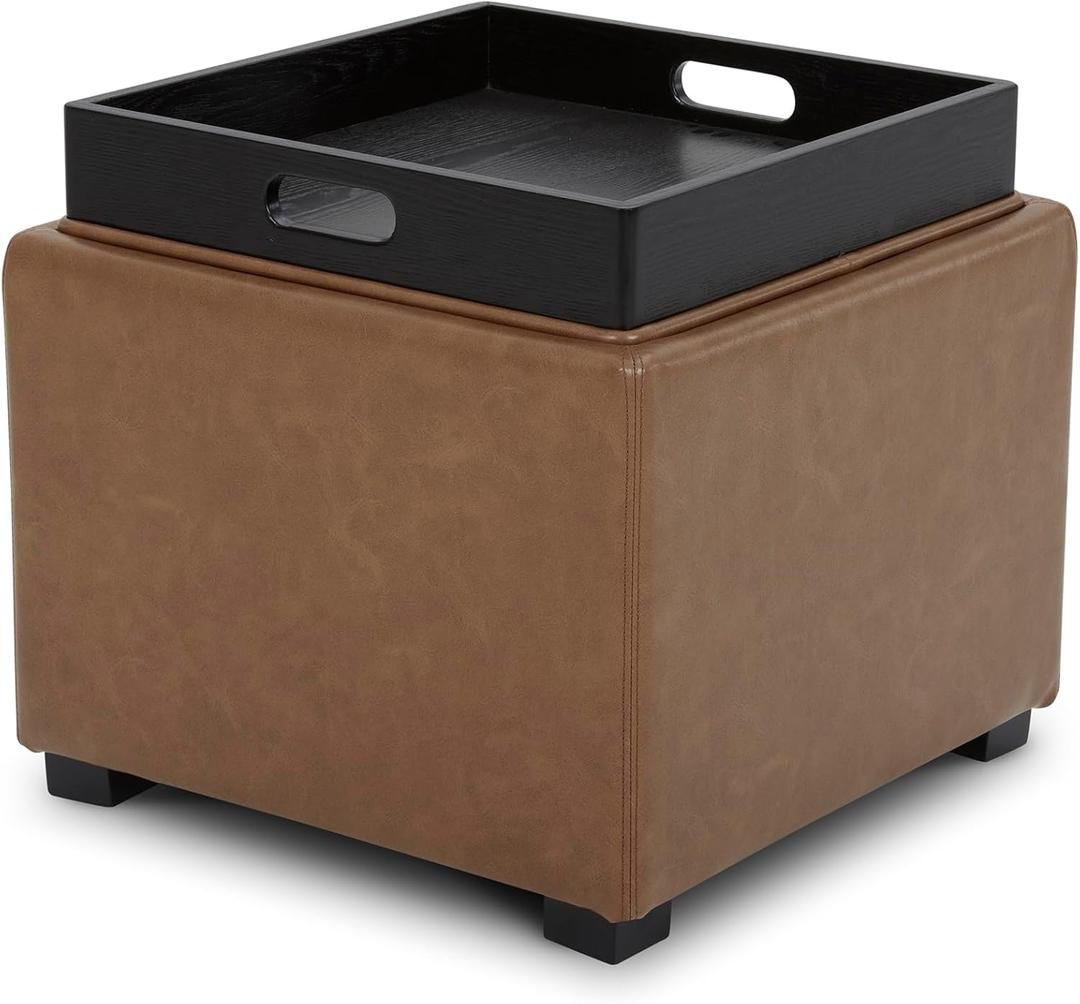 CHITA Storage Ottoman Cube with Tray Lid, Small Footstool with Storage, Square End Table for Living Room and Bedroom, Faux Leather in Saddle Brown