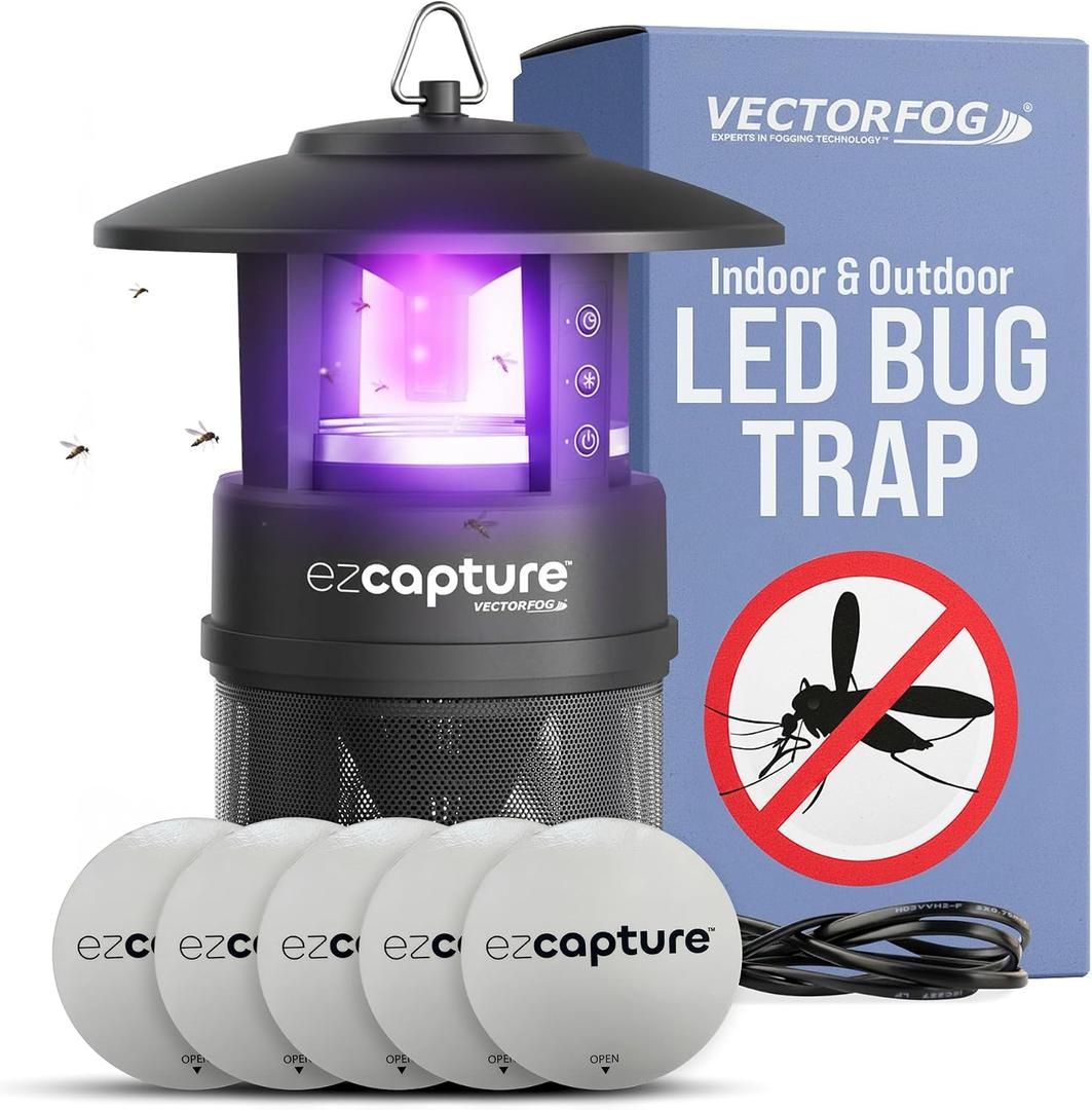 EZCapture T10 Indoor Bug Trap with Fan Suction - Versatile LED Flying Insect Trap for Indoor and Outdoor Use - No Zapping Noise, for Fruit Fly, Gnat, and Mosquitoes, 5 Glue Boards Included