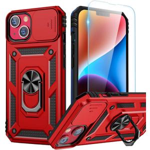 Goton for iPhone 14 Plus Case with Screen Protector - Slide Camera Cover Phone Case with Ring Stand, Heavy Duty Military Grade Shockproof Rugged Bumper for iPhone 14 Plus Accessories Red