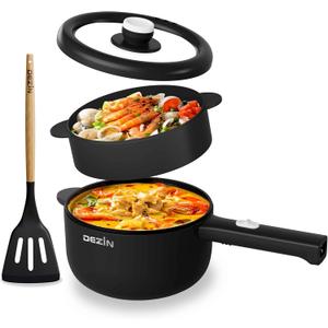 Dezin Electric Cooker, 2L Non-Stick Saut Pan, Rapid Noodles Cooker, Mini Pot for Steak, Egg, Fried Rice, Ramen, Oatmeal, Soup with Power Adjustment, College Dorm Room Essential(Egg Rack Included) (Round - E(Black/with Steamer))