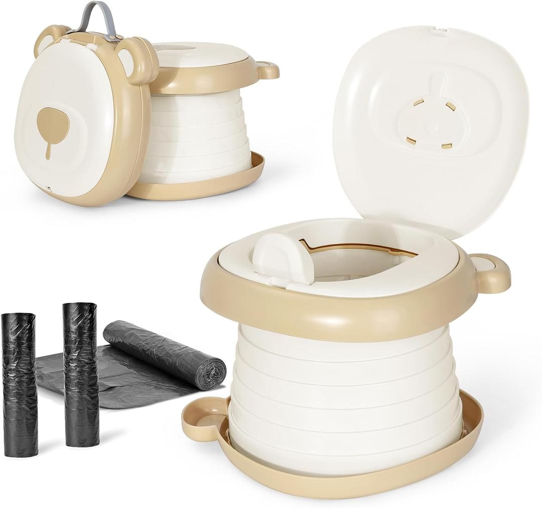 Orzbow Portable Potty Training Toilet, Travel Potty Seat for Toddler Boys Girls, Toilet Training Essentials, Foldable, Includes Free Travel Bag and Disposable Liners, Indoor/Outdoor Use, Khaki