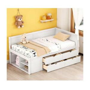 Twin Size Daybed, Solid Wood Storage Corner Bed Frame with Four Drawers and Three Shelves, Wooden Slates Support, No Box Spring Needed for Kids Teens, Boys and Girls (White)