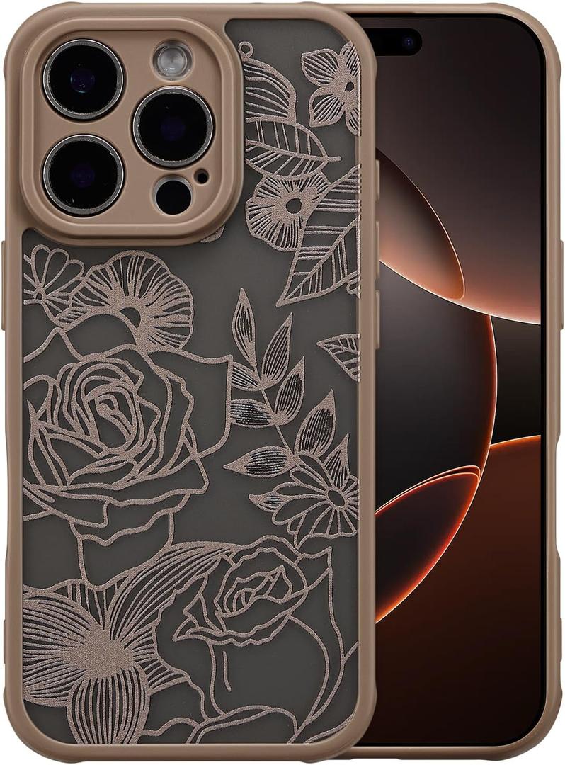 XIZYO for iPhone 16 Pro Case, Floral Rose Cute Phone Case for Women Girls Aesthetic Pattern Print Slim TPU Bumper Shockproof Protective Cover for iPhone 16 Pro 6.3 Inch, Brown