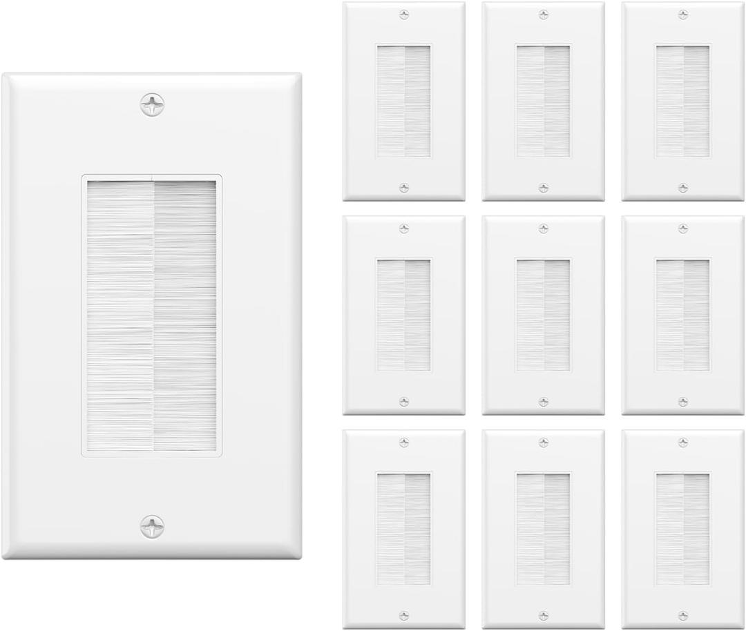 VCE Brush Wall Plate 10-Pack, Cable Pass Through Insert for Wires, Single Gang Cable Access Strap, Wall Socket for HDTV, HDMI, Home Theater Systems, White