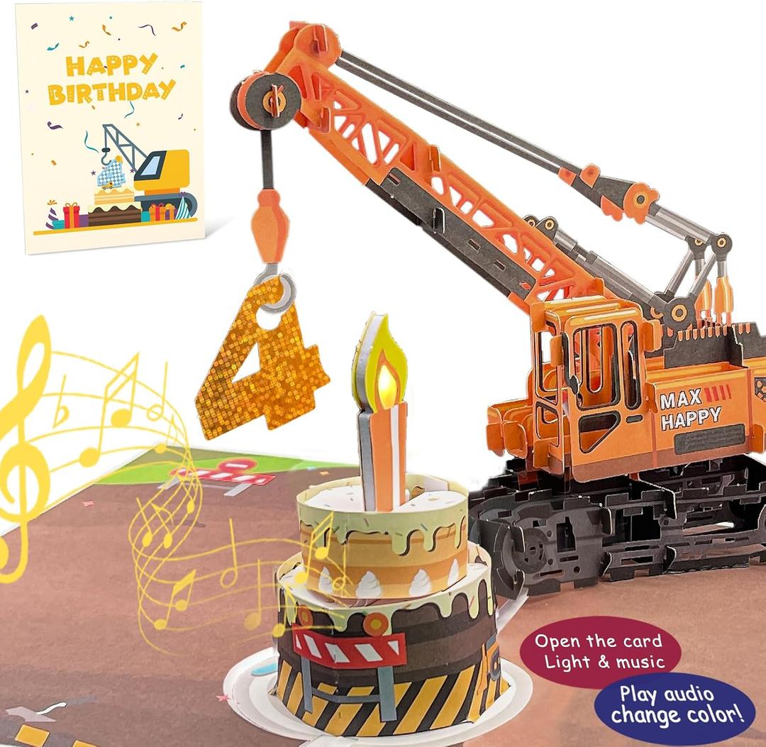 3D Greeting Pop Up 4th Birthday Card with light and music, Crane Truck card For Boy, Nephew, Grandson, Son, Toddler, with Envelope, Message Card - Open it play: plays hit song 'Happy Birthday'