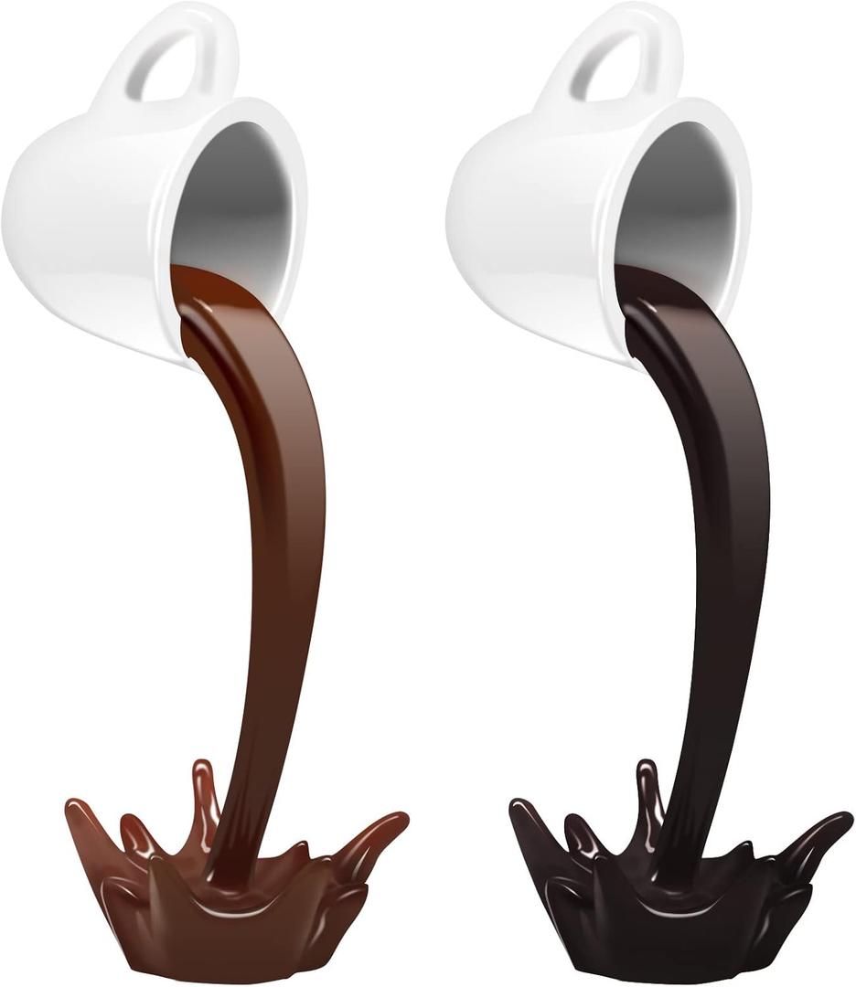 Floating Coffee Cup Sculpture, 2 Pieces 8.7 in Magic Pouring Spilling Splash Coffee Mugs, Funny Resin Coffee Mug Decorations for Cafe or Kitchen (Brown, Black)