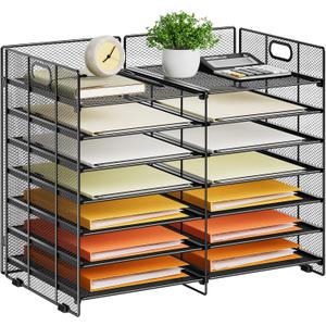 Marbrasse Desktop Literature Organizer, 12 Compartments Mesh Paper Organizer Desk Organizers, Adjustable File Sorter Mail Center Paper Storage Cabinet Classroom Mailbox for Office Home School, Black