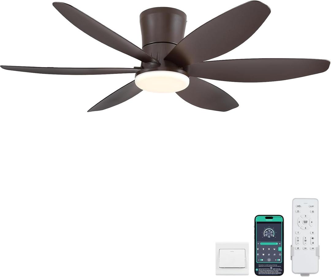 Surtime 48In Ceiling Fans with Light and Remote/APP Control, 6-Blade Reversible Motor Ceiling Fan, 3-Color Dimmable Lighting, All-Brown Finish