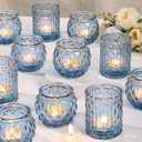 Blue Glass Votive Candle Holders Set of 24 - Round Tea Lights for Wedding, Shower, Party & Gift (24 Pcs)