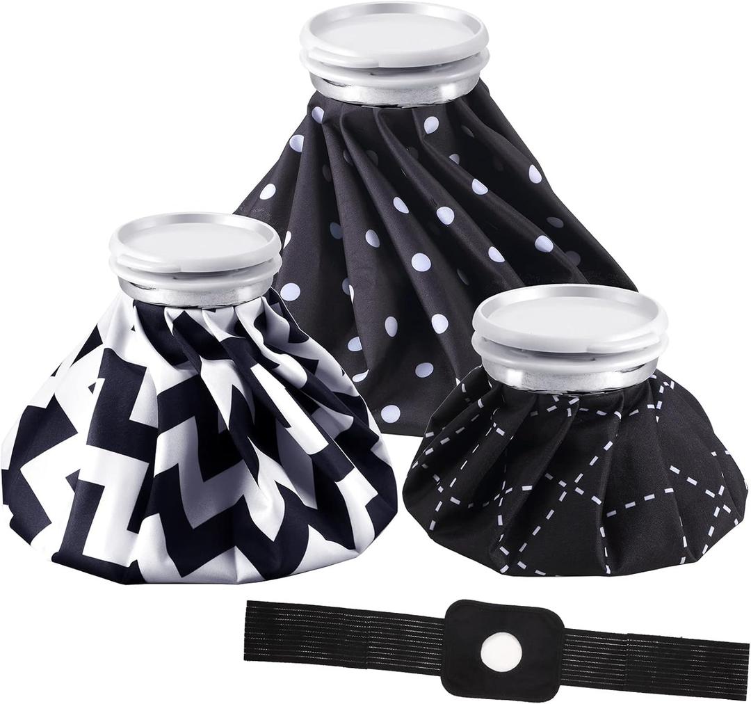 Nuanchu 3 Pieces Ice Bags for Injuries Reusable Ice Packs with Adjustable Wrap Cold and Hot Therapy and Pain Relief for Knee Leg Injury, 3 Sizes, 11, 9, 6 Inch (4 Set)(Plaid,Black)