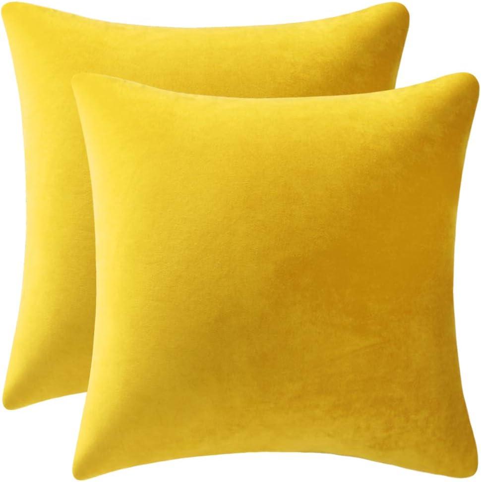 DEZENE Throw Pillow Covers 18x18 Yellow: Pack of 2 Cozy Soft Velvet Square Modern Luxury Decorative Throw Pillow Cases for Sofa Couch Living Room Bed Home Decor