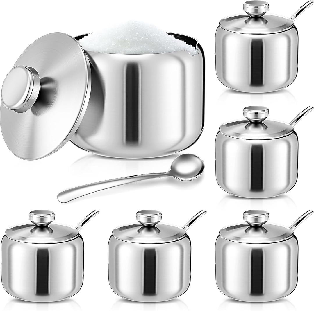6 Pcs Stainless Steel Sugar Bowl with Lid and Spoon, 8.45 oz Sugar Containers Round Condiment Dispenser, Seasoning Jar for Serving Pepper Seasoning Bar Kitchen(Round Finial, Silver)