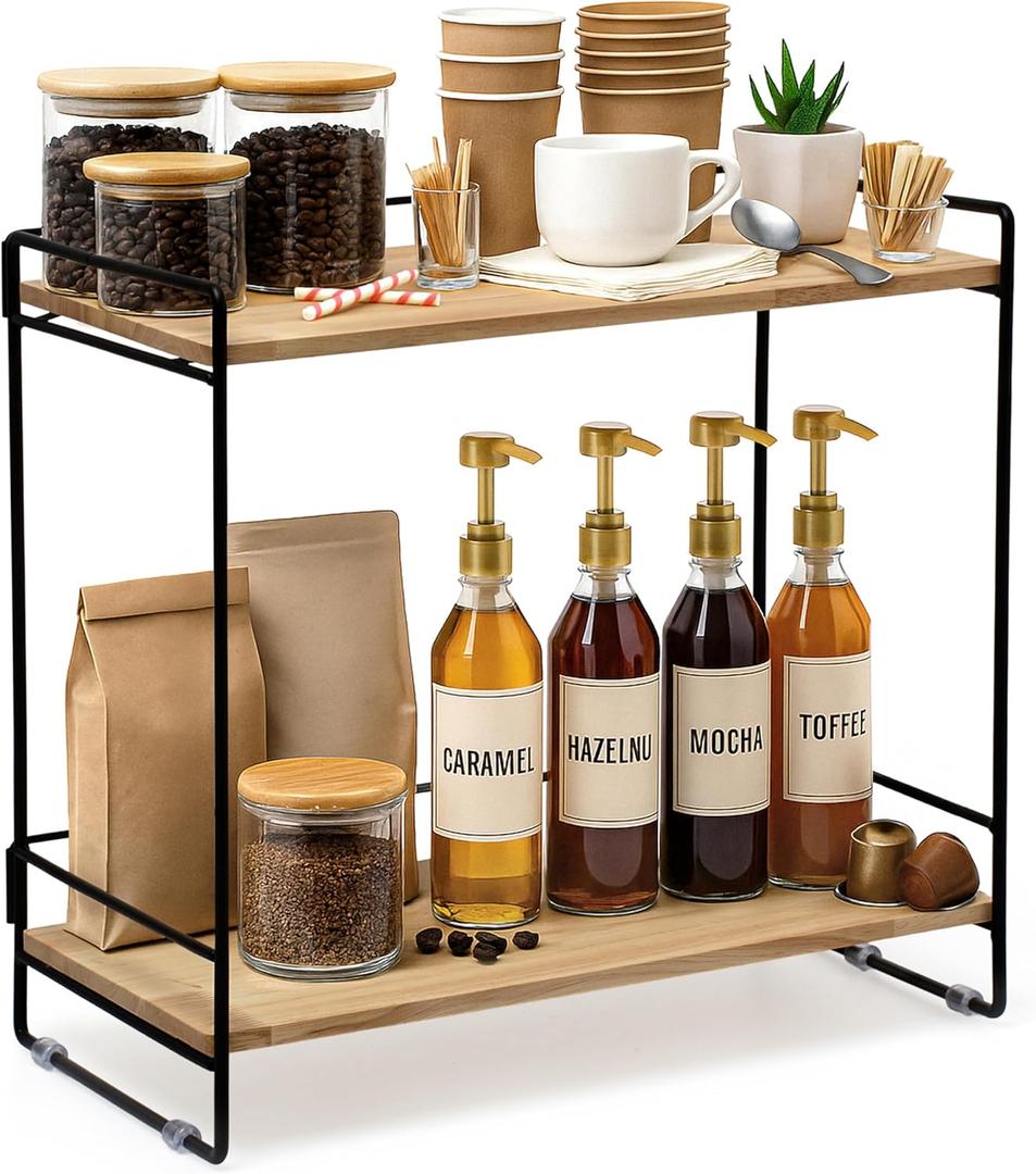 LIBKEN Wooden Coffee Bar Rack  2-Tier Countertop Organizer with Detachable Back Rails  Minimal Scandinavian Design Storage Shelf for Kitchen, Office, Coffee Station, Bar & Bathroom