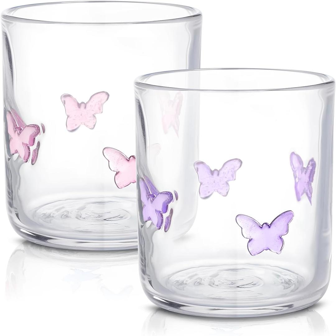 2 PCS Valentine Icon Juice Glasses, 14oz Valentines Stemless Glasses Set for Gift Engagement Wedding Party Her Women Girlfriend Wife Present(Butterfly)