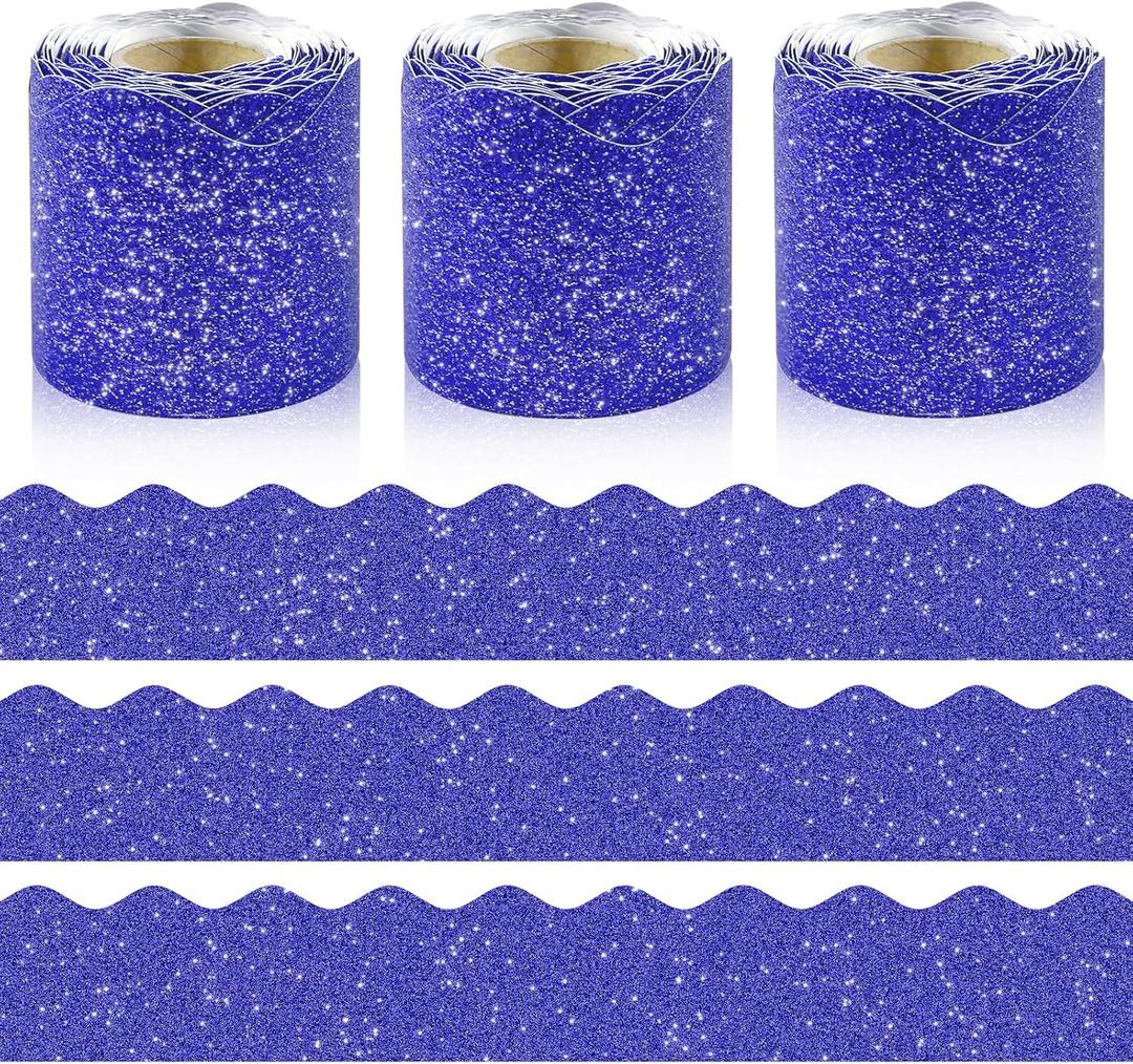 3 Rolls 98.4 Ft Glitter Bulletin Board Borders Set - Royal Blue Bulletin Board Decorations for Classroom, OfficeSchool Supplies & Home DIY - Perfect for Teachers, Posters & Birthday Party Decor